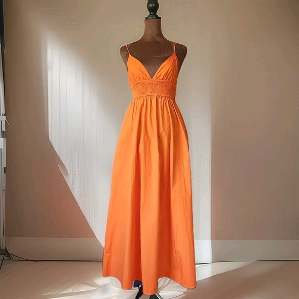 Zara Orange Pleated Midi Dress Sweetheart Neckline